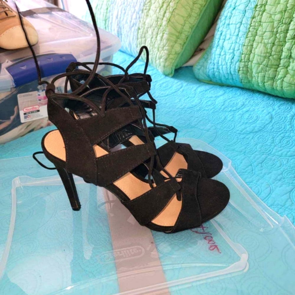 Ladies suede like lace up front to mid calf open  4.5" sandal heel